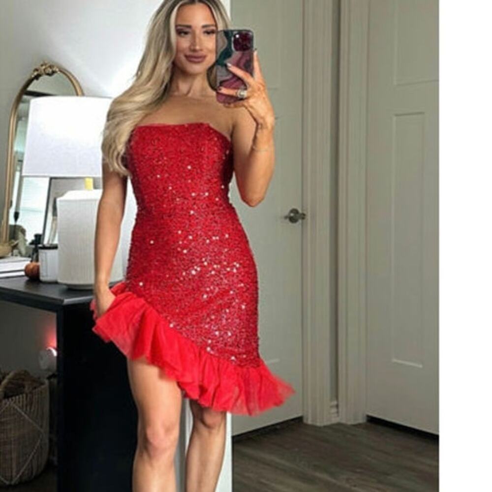 Red hot sequin asymmetrical hem strapless prom formal glam mixed media S flashy